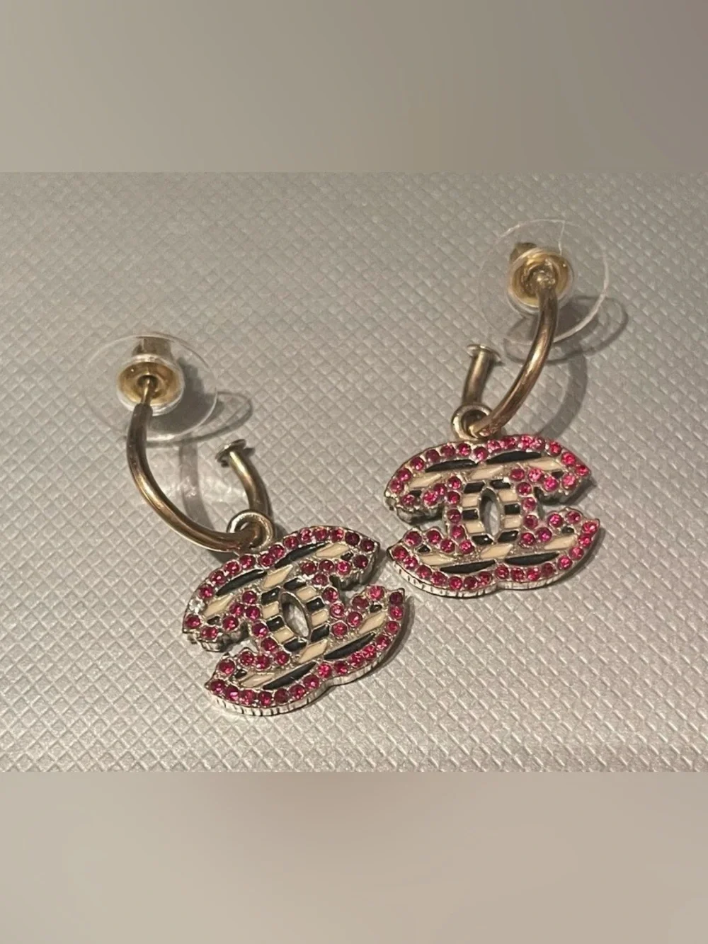 CHANEL Gold-Tone Hoop Earrings with Pink Crystal CC Logos
